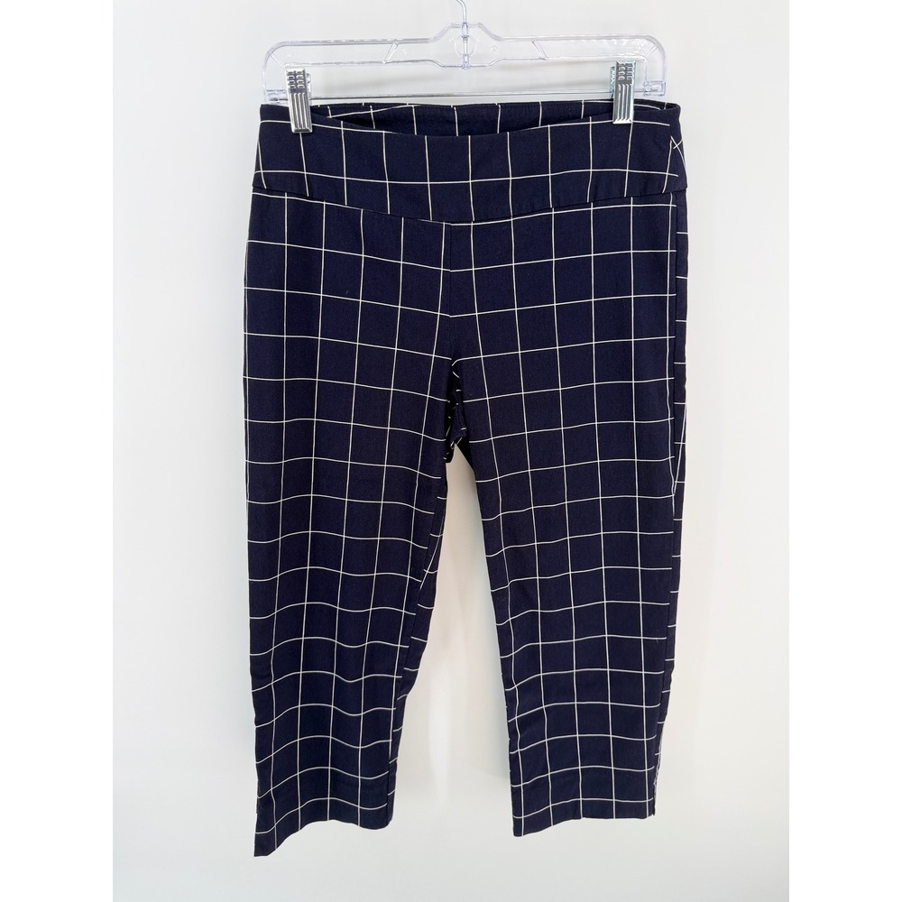 Zac & Rachel Womens Navy White Windowpane Plaid Cropped Pull On Pants Size 8